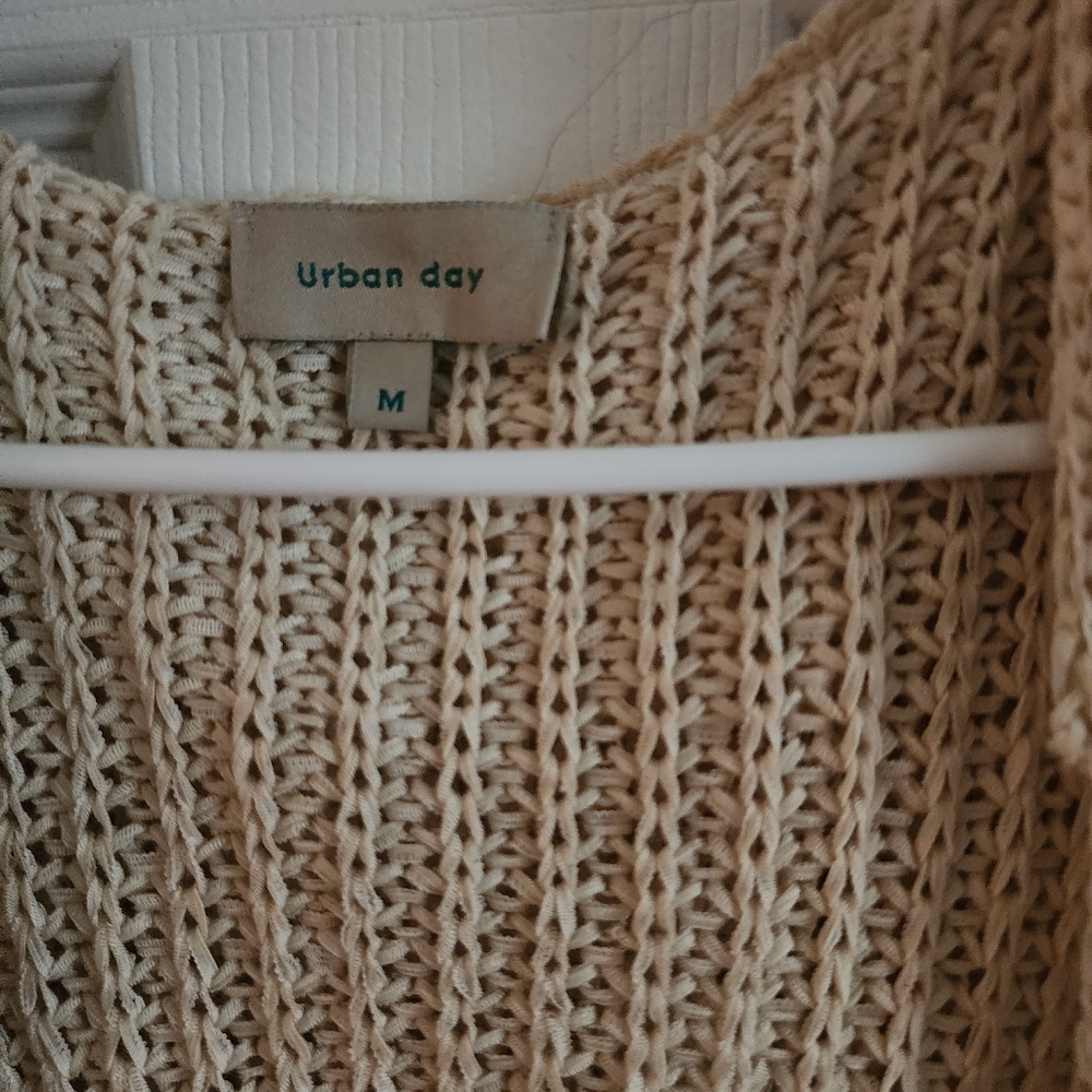 Tan cardigan with hoody and open in the back